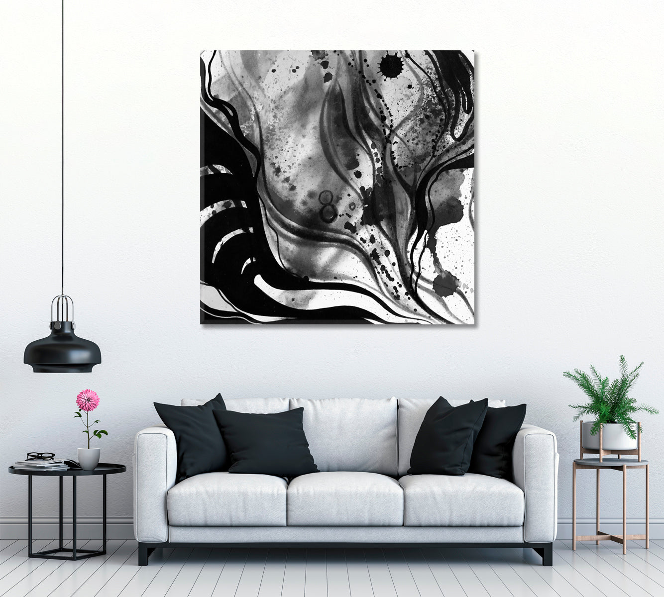 Black and White Abstract Watercolor Lines Canvas Print ArtLexy   
