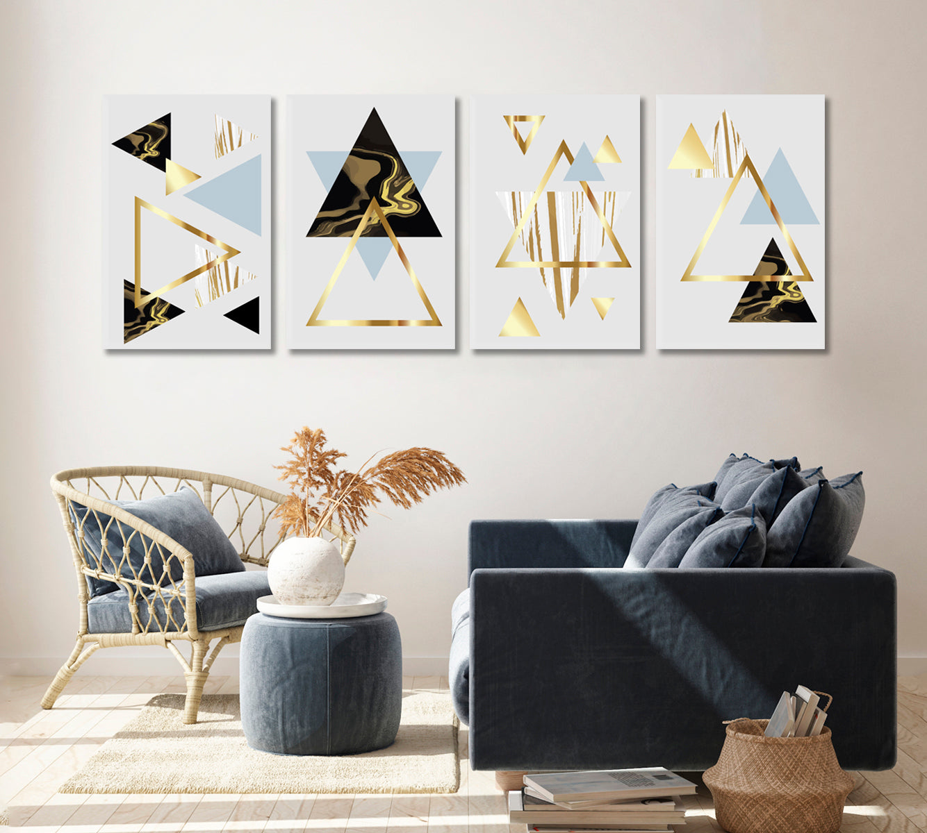 Set of 4 Vertical Abstract Geometric Marbling Triangles Canvas Print ArtLexy 4 Panels 64”x24” inches 