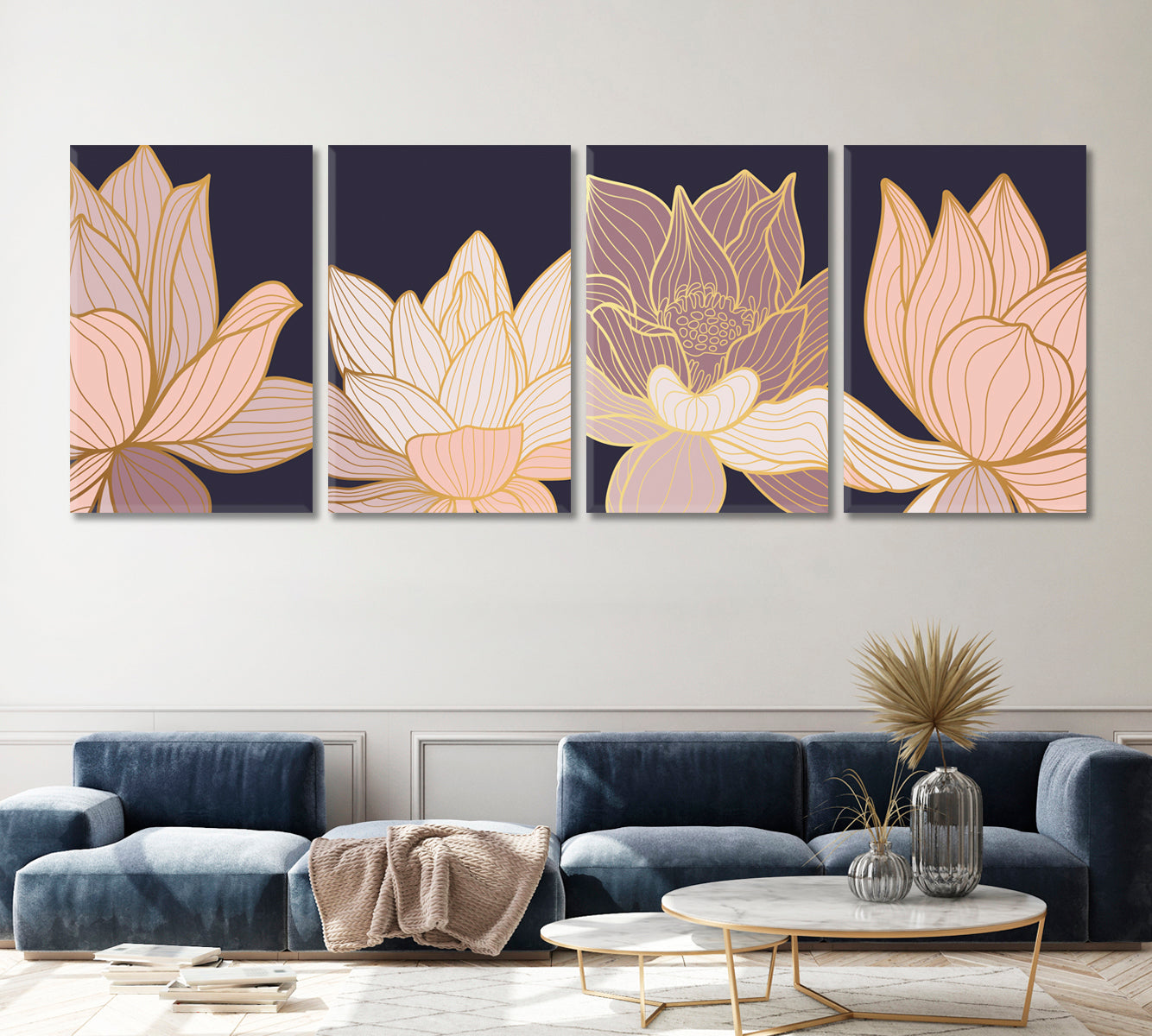 Set of 4 Vertical Luxury Lotus Flower Canvas Print ArtLexy   