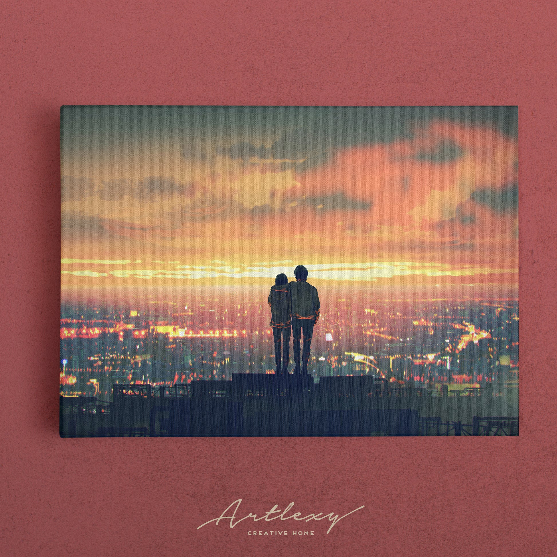 Couple on Rooftop at Night Canvas Print ArtLexy   