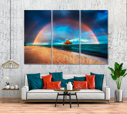 Rainbow over Tropical Beach Dominican Republic Canvas Print ArtLexy 3 Panels 36"x24" inches 
