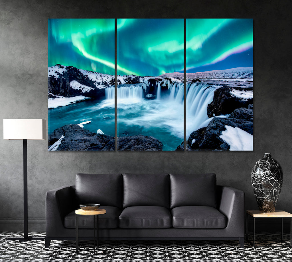 Aurora Borealis over Godafoss Waterfall in Iceland Canvas Print ArtLexy   