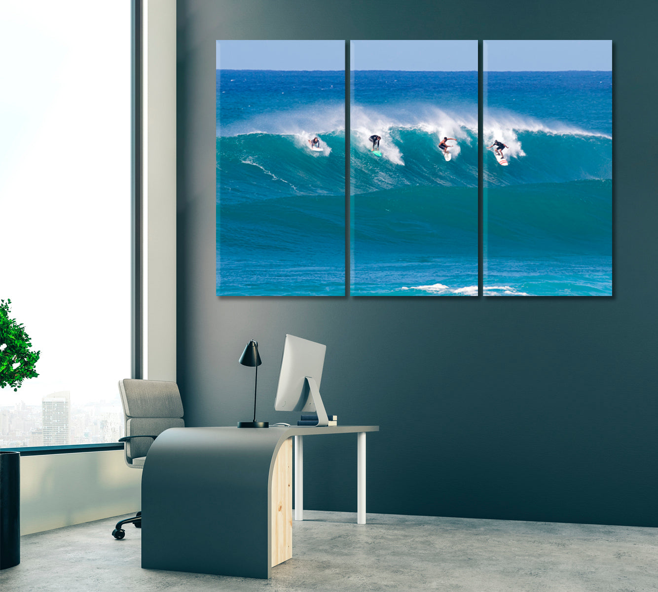 Surfers Riding Wave Hawaii Canvas Print ArtLexy 3 Panels 36"x24" inches 