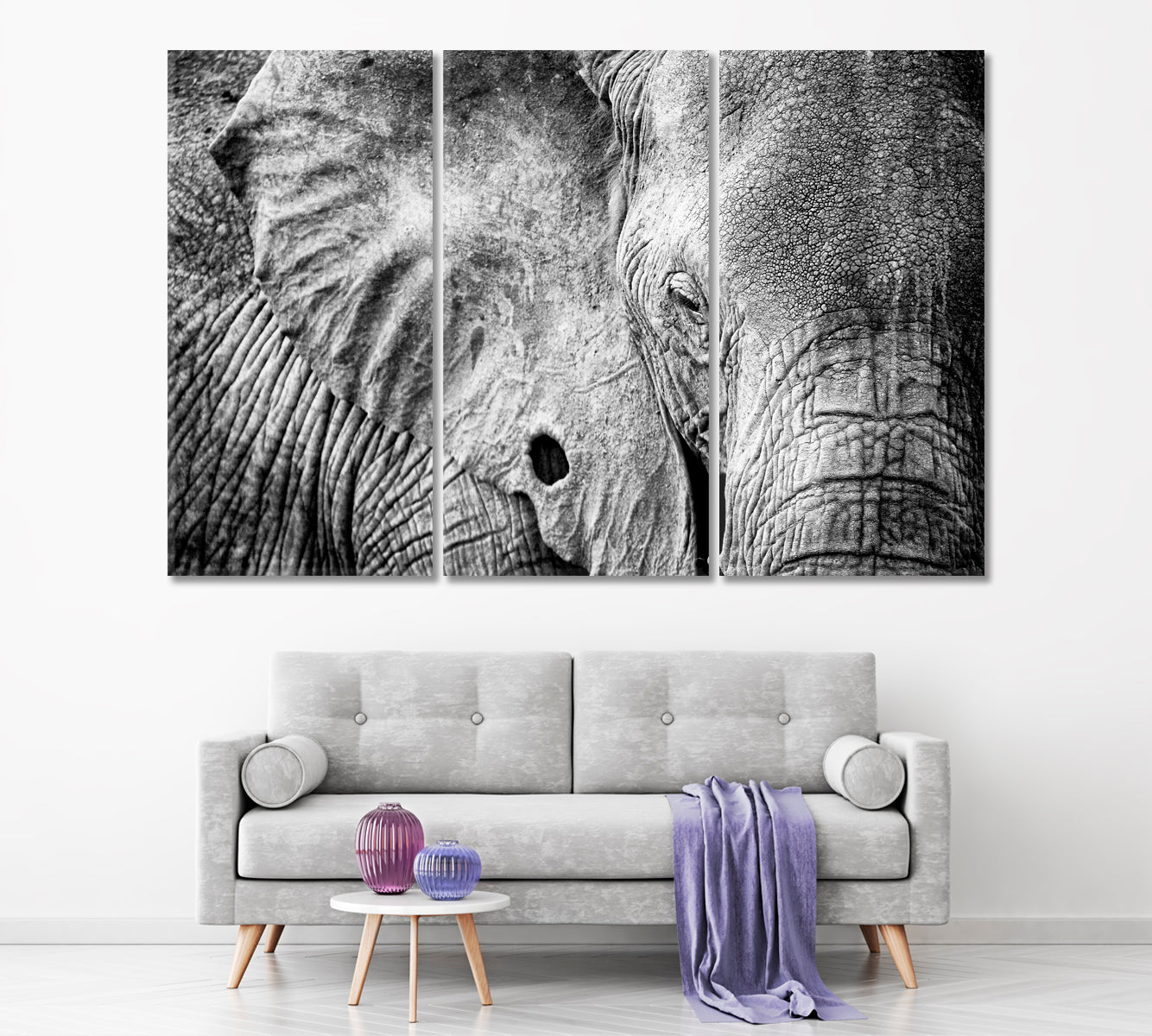 African Elephant in Black and White Canvas Print ArtLexy 3 Panels 36"x24" inches 