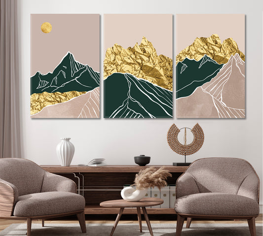 Set of 3 Abstract Luxury Gold Mountain Canvas Print ArtLexy 3 Panels 48”x24” inches 