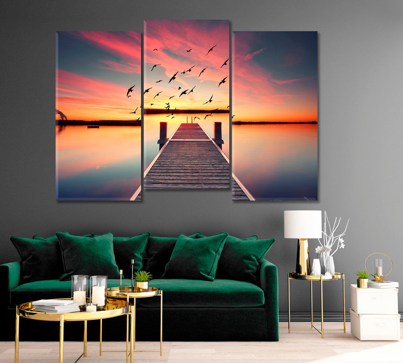 Wooden Pier on Pond at Sunset Canvas Print ArtLexy   