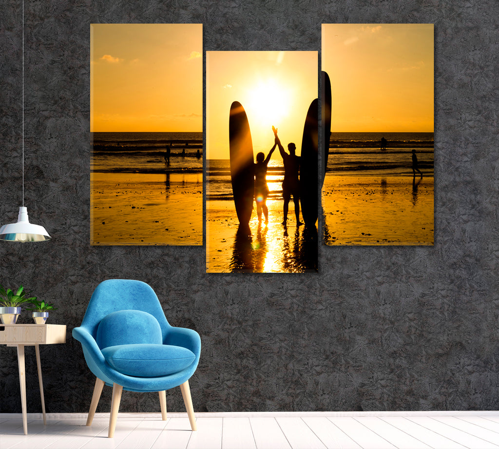 Surfers Couple Silhouette at Sunset Canvas Print ArtLexy 3 Panels 36"x24" inches 
