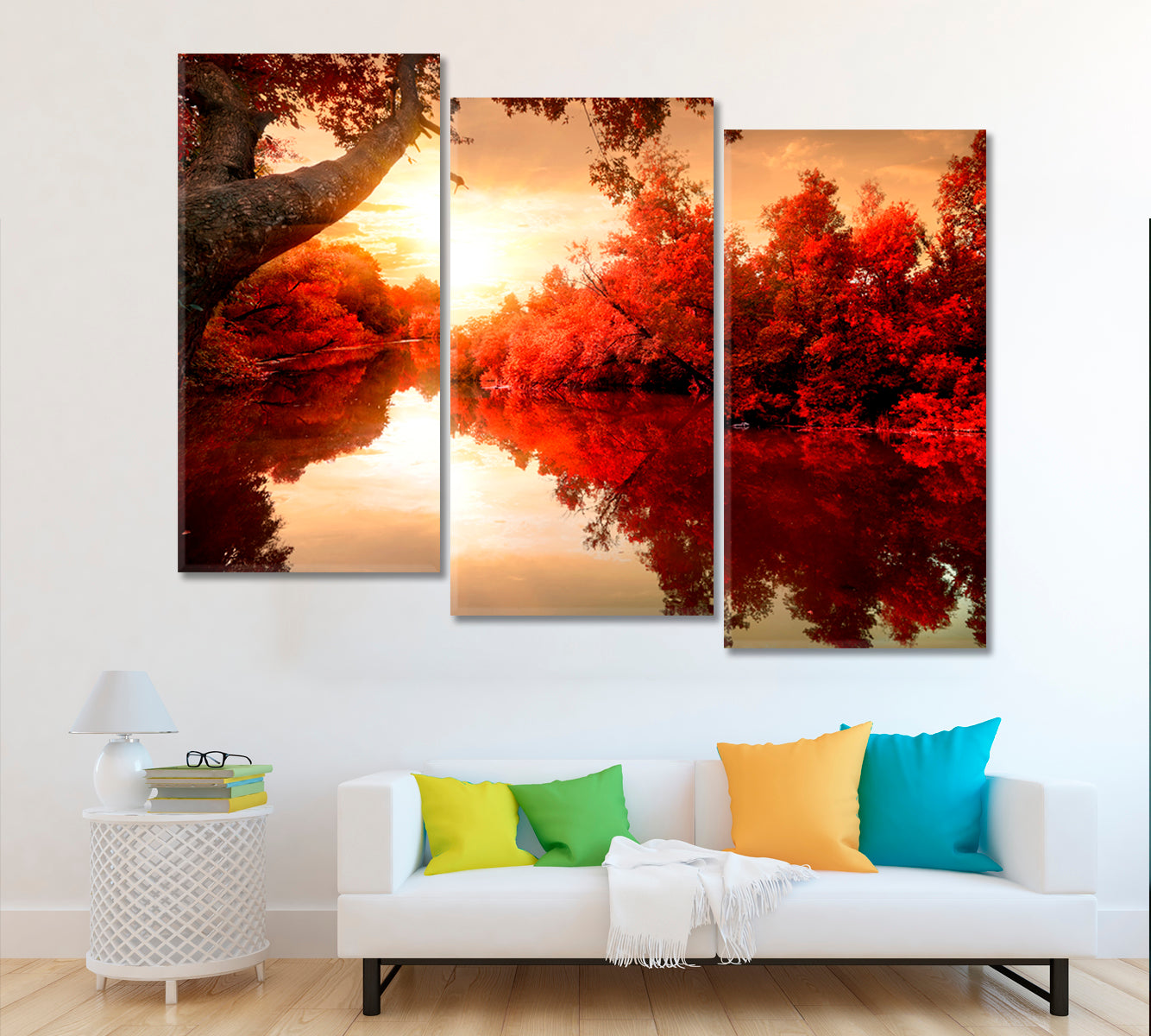 Red Autumn Trees along River Canvas Print ArtLexy   