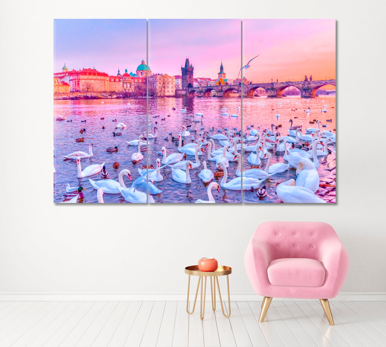 Swans on Vltava River Prague Canvas Print ArtLexy 3 Panels 36"x24" inches 