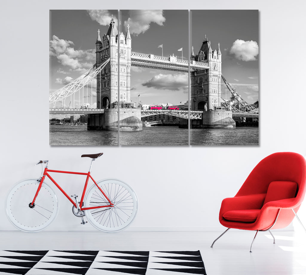 Tower Bridge with Red Bus London Canvas Print ArtLexy 3 Panels 36"x24" inches 