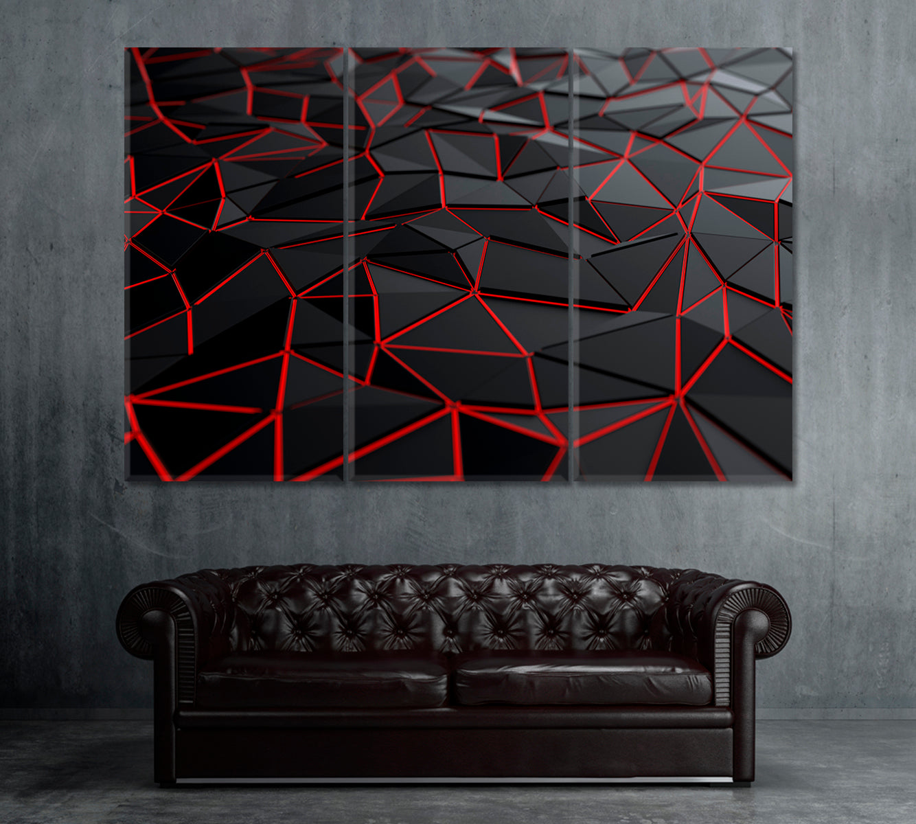 Abstract Triangles with Red Backlight Canvas Print ArtLexy 3 Panels 36"x24" inches 