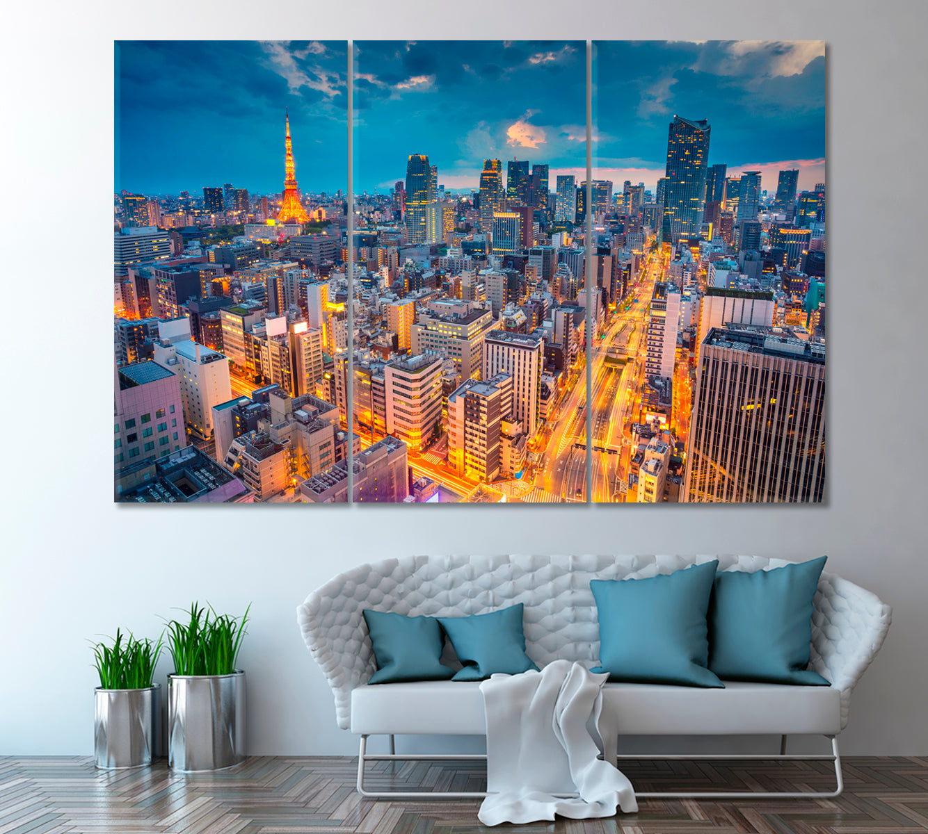 Tokyo Cityscape at Night Canvas Print ArtLexy 3 Panels 36"x24" inches 