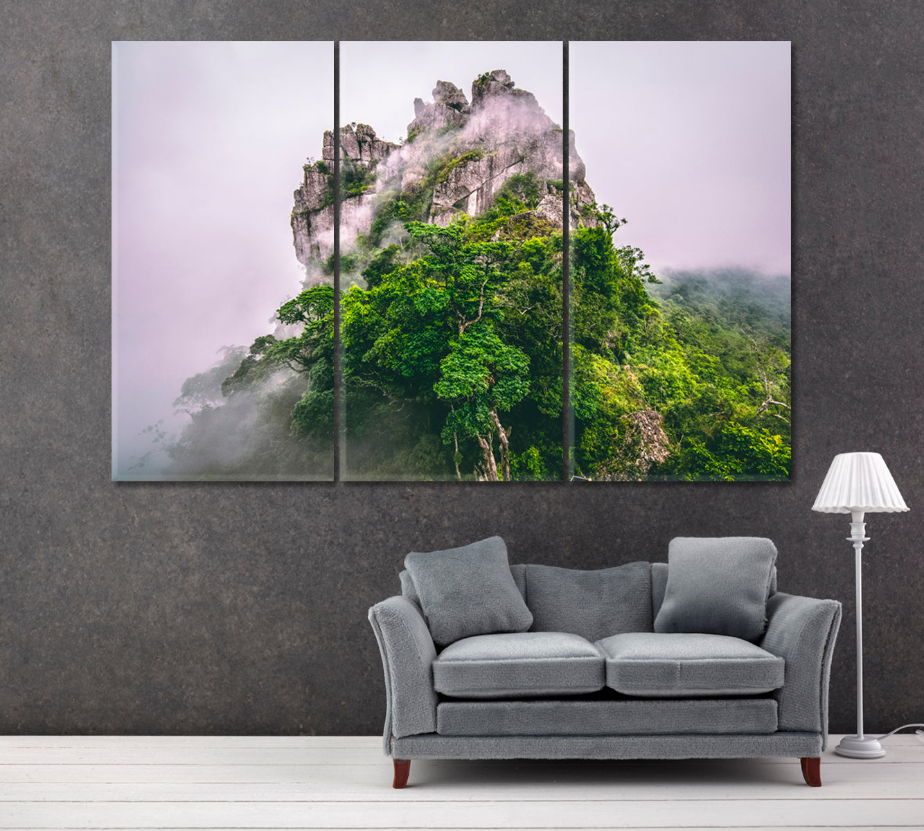 Mountain in Fog Canvas Print ArtLexy 3 Panels 36"x24" inches 