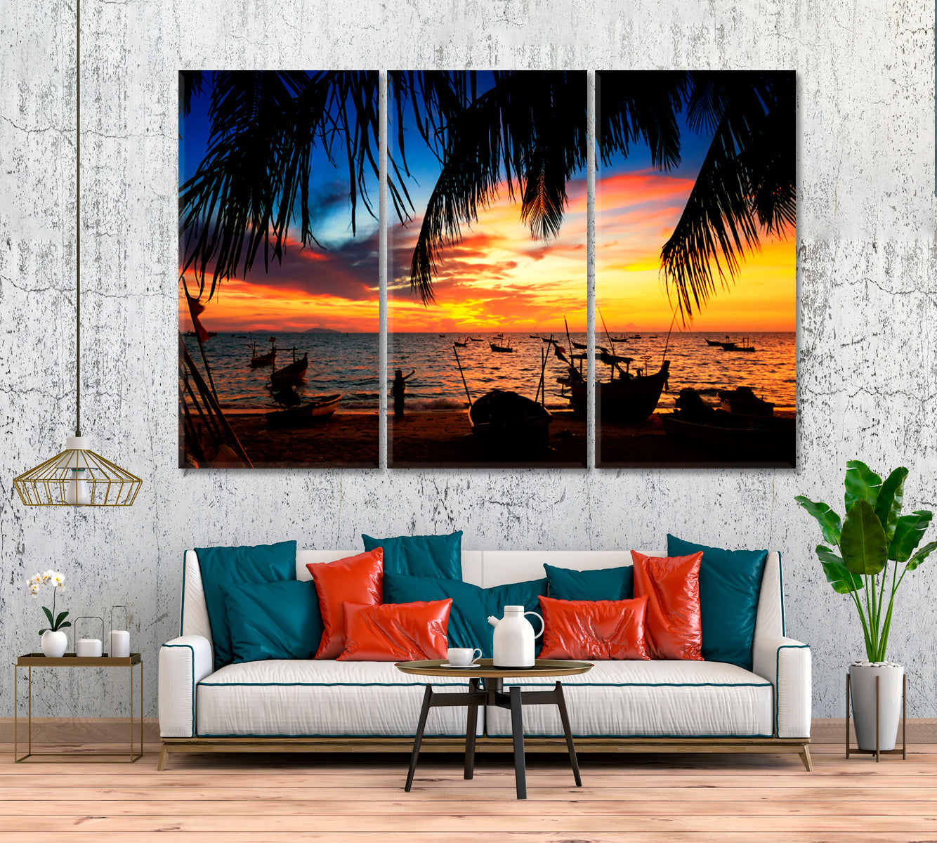 Sunset over Tropical Beach with Boats Pattaya Thailand Canvas Print ArtLexy 3 Panels 36"x24" inches 