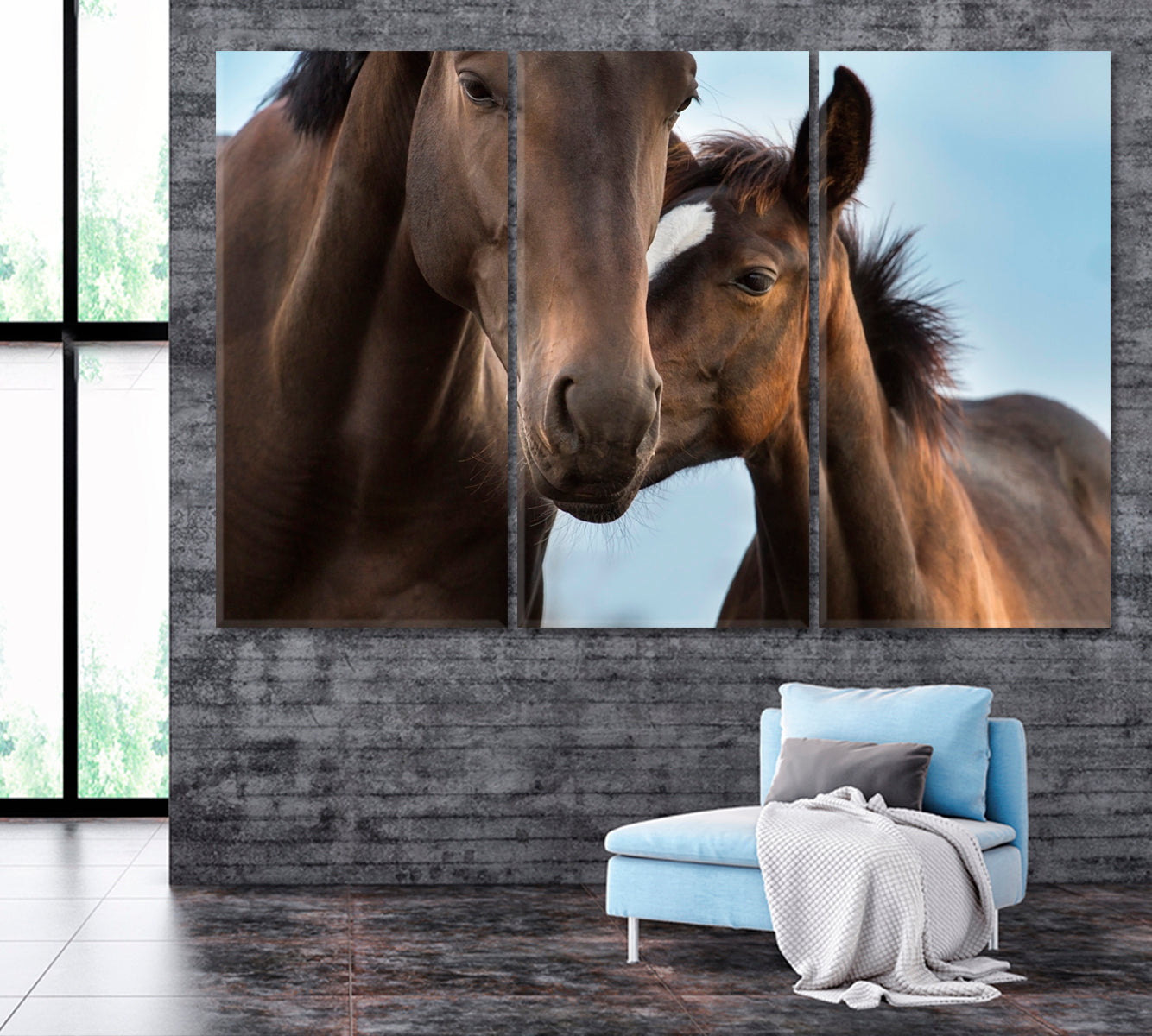 Mare with Foal Portrait Canvas Print ArtLexy 3 Panels 36"x24" inches 