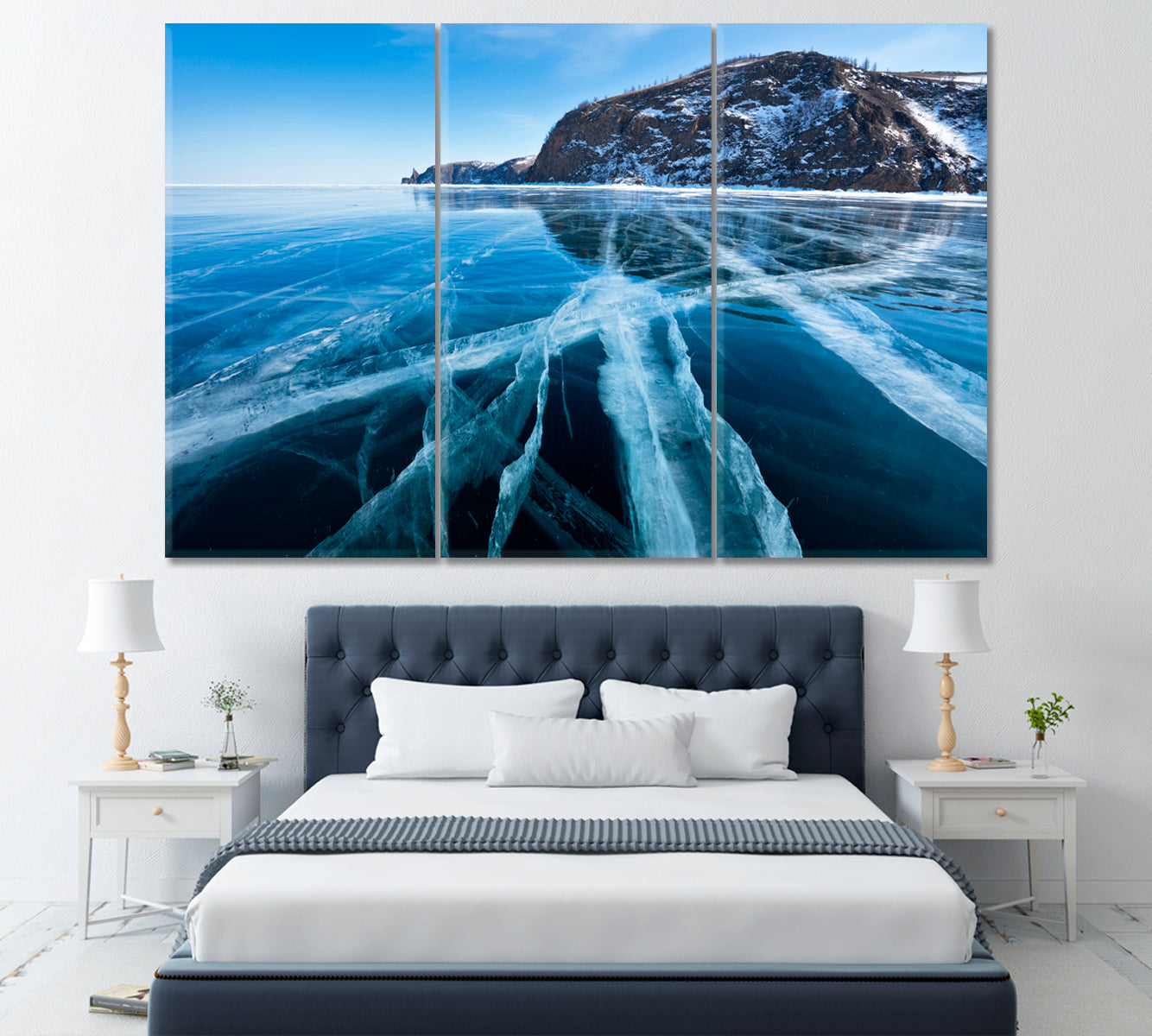 Cracks on Frozen Lake Baikal in Winter Canvas Print ArtLexy 3 Panels 36"x24" inches 