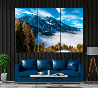 Snow Covered Alps with Trees Canvas Print ArtLexy 3 Panels 36"x24" inches 