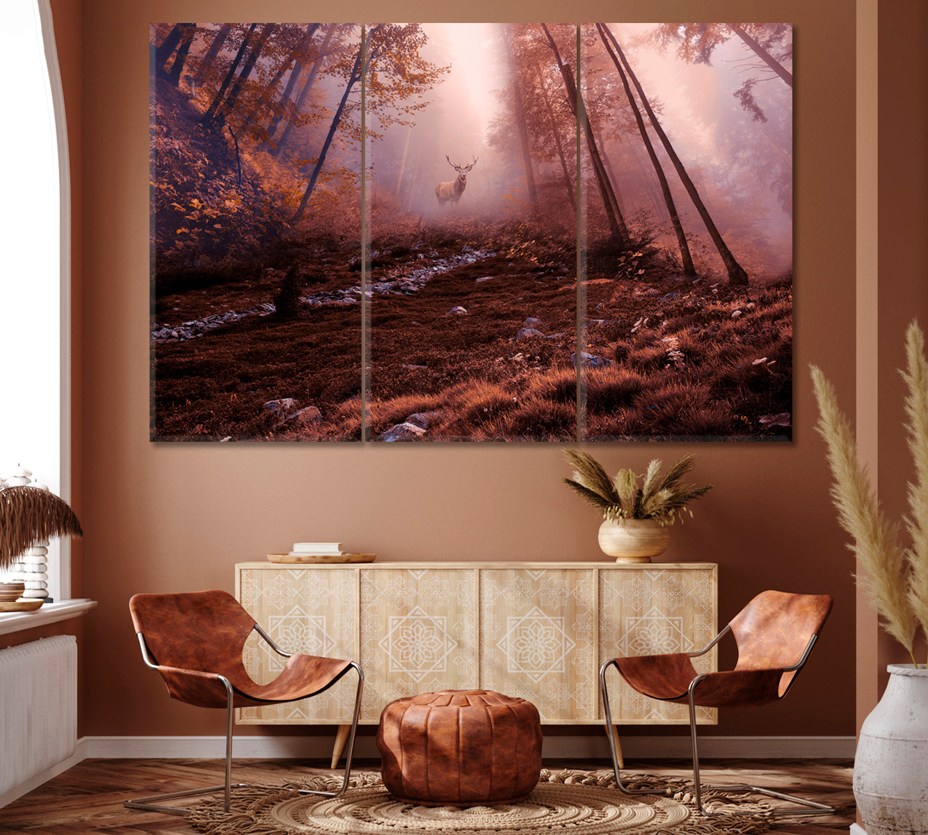 Red Deer in Foggy Autumn Forest Canvas Print ArtLexy 3 Panels 36"x24" inches 