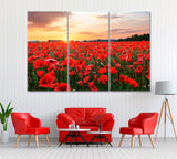 Poppy Flowers Field Canvas Print ArtLexy 3 Panels 36"x24" inches 