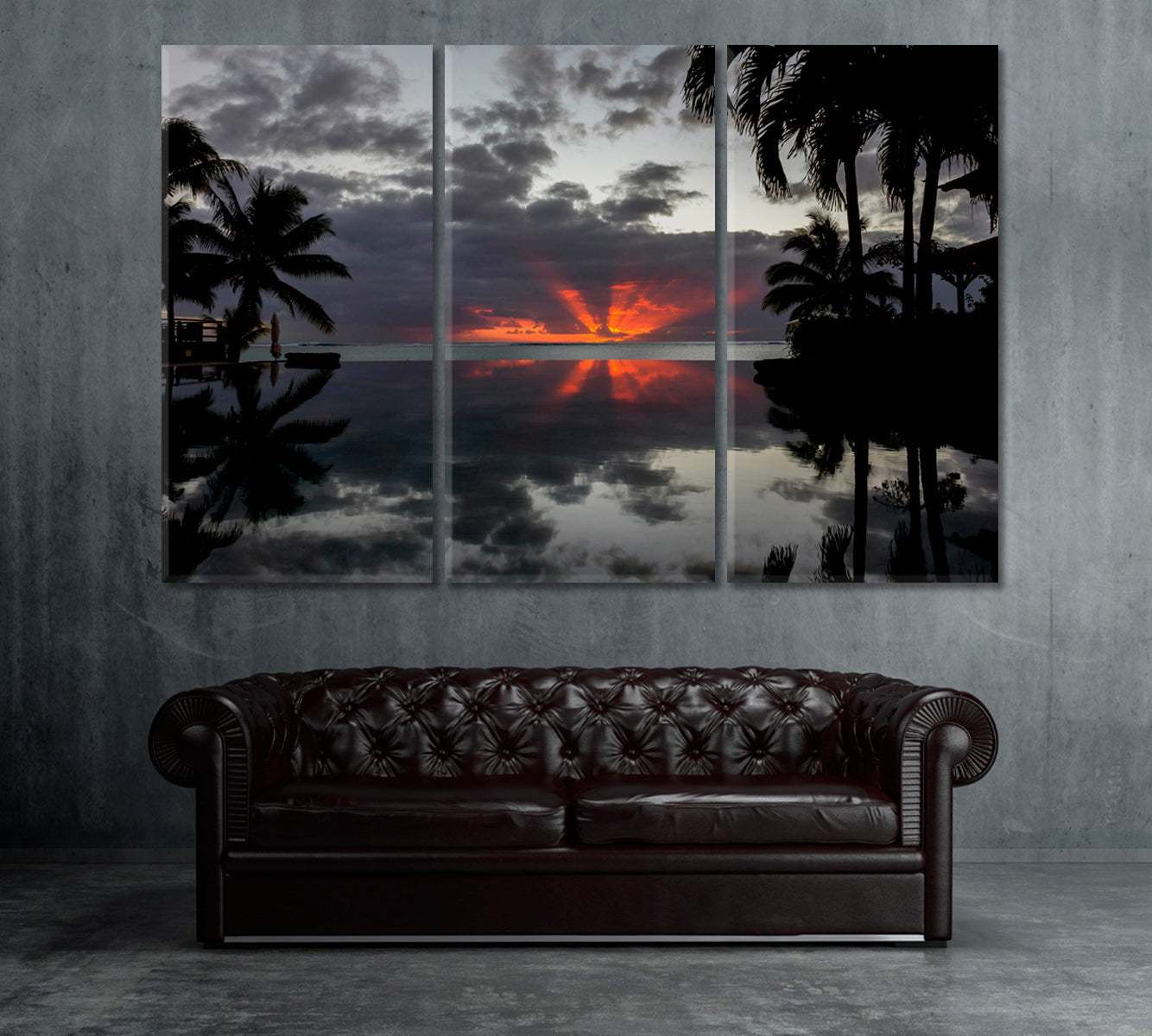 Sunset over Pool Maldives Canvas Print ArtLexy 3 Panels 36"x24" inches 