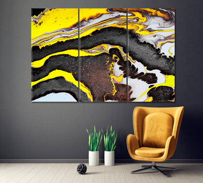 Abstract Mixed Black & Yellow Ink Canvas Print ArtLexy 3 Panels 36"x24" inches 