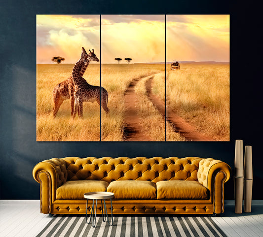 Giraffes in Tanzania Canvas Print ArtLexy 3 Panels 36"x24" inches 