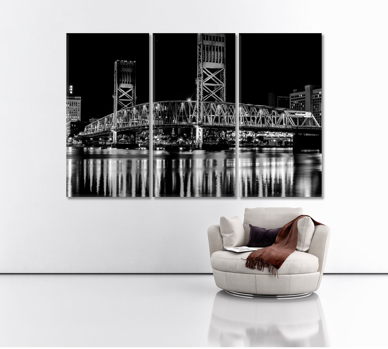 Downtown Jacksonville in Black and White Canvas Print ArtLexy 3 Panels 36"x24" inches 