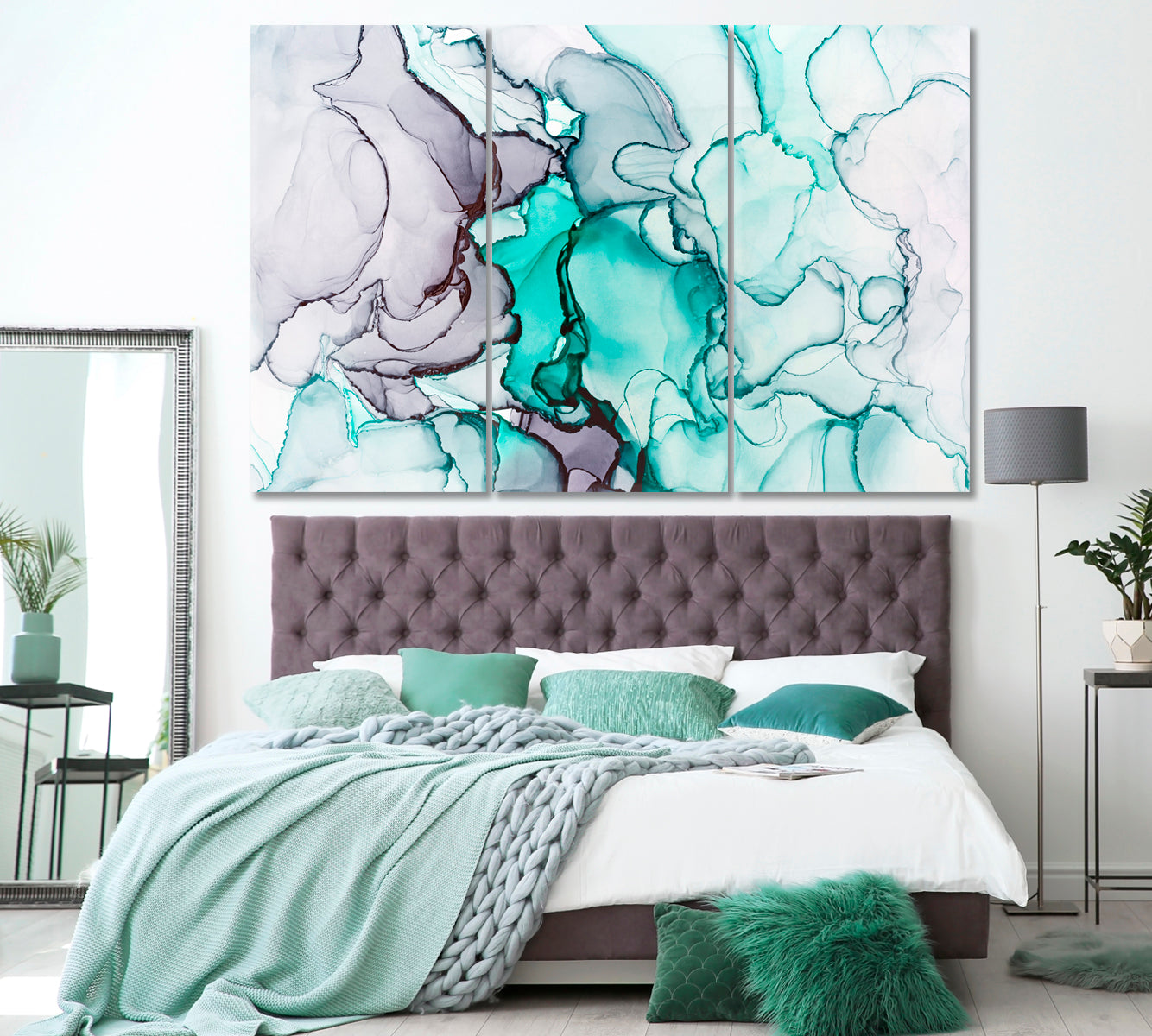Abstract Mixed Turquoise and Grey Ink Canvas Print ArtLexy 3 Panels 36"x24" inches 