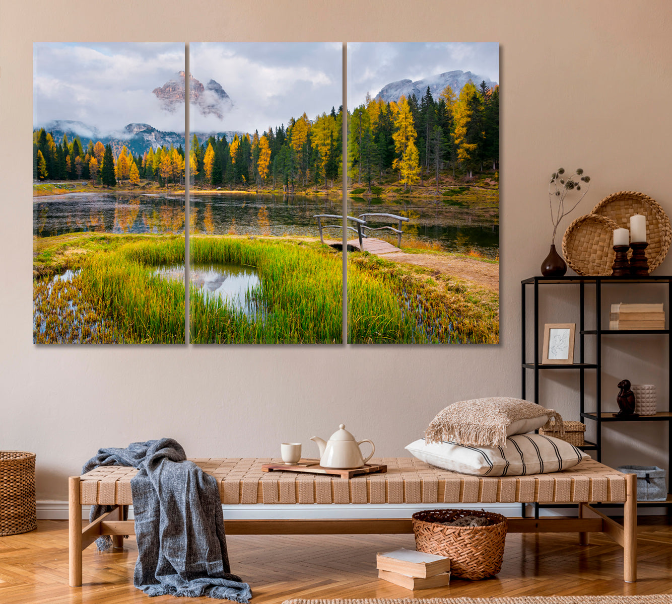 Autumn Landscape Dolomites Alps Canvas Print ArtLexy 3 Panels 36"x24" inches 