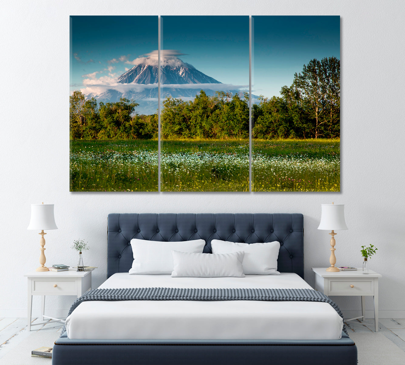 Chamomile Field and Koryak Volcano Kamchatka Canvas Print ArtLexy 3 Panels 36"x24" inches 