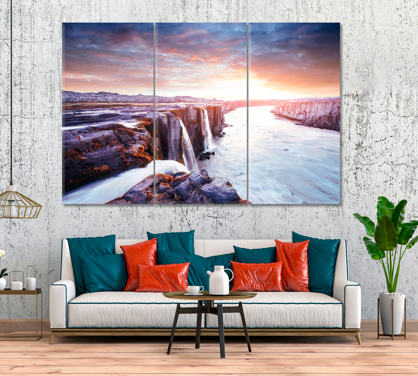 Selfoss Waterfall Iceland Canvas Print ArtLexy 3 Panels 36"x24" inches 