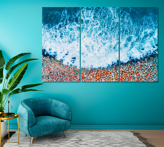 Beautiful Rocky Beach with Sea Waves Canvas Print ArtLexy 3 Panels 36"x24" inches 