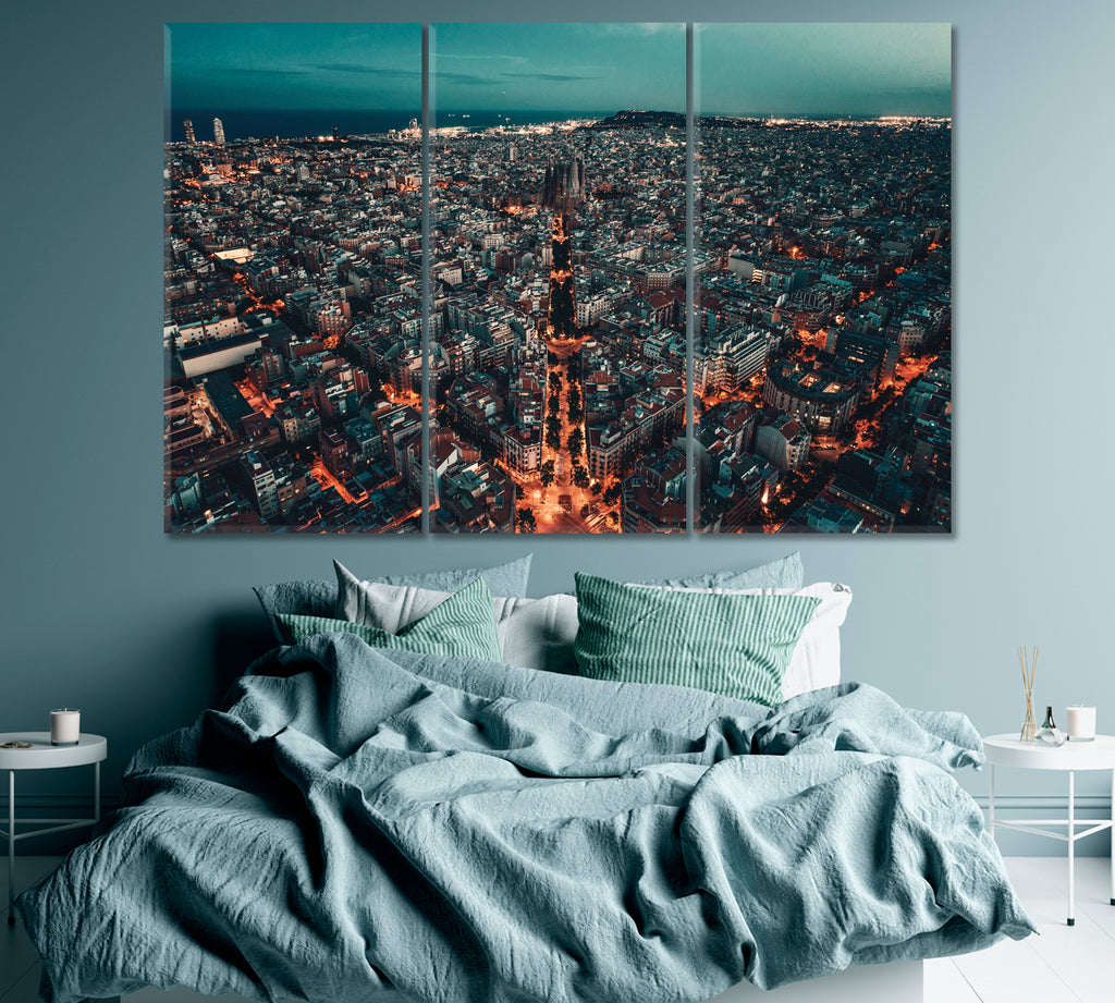 Barcelona Skyline Spain Canvas Print ArtLexy 3 Panels 36"x24" inches 