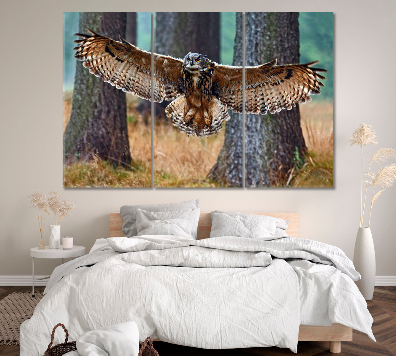 Flying Eurasian Eagle Owl in Forest Canvas Print ArtLexy 3 Panels 36"x24" inches 