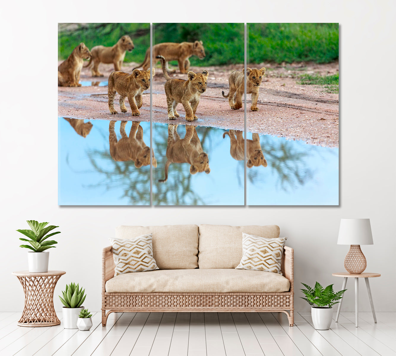 Wild Lion Cubs in Natural Habitat Canvas Print ArtLexy 3 Panels 36"x24" inches 