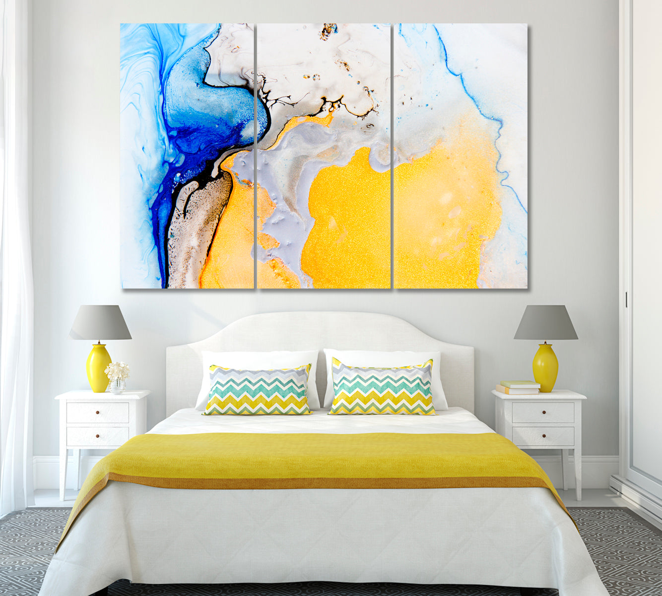 Abstract Yellow and Blue Mixed Acrylic Paints Canvas Print ArtLexy 3 Panels 36"x24" inches 