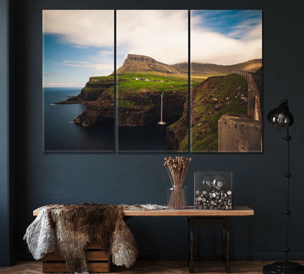 Mulafossur Waterfall in Village Gasadalur Faroe Islands Canvas Print ArtLexy 3 Panels 36"x24" inches 