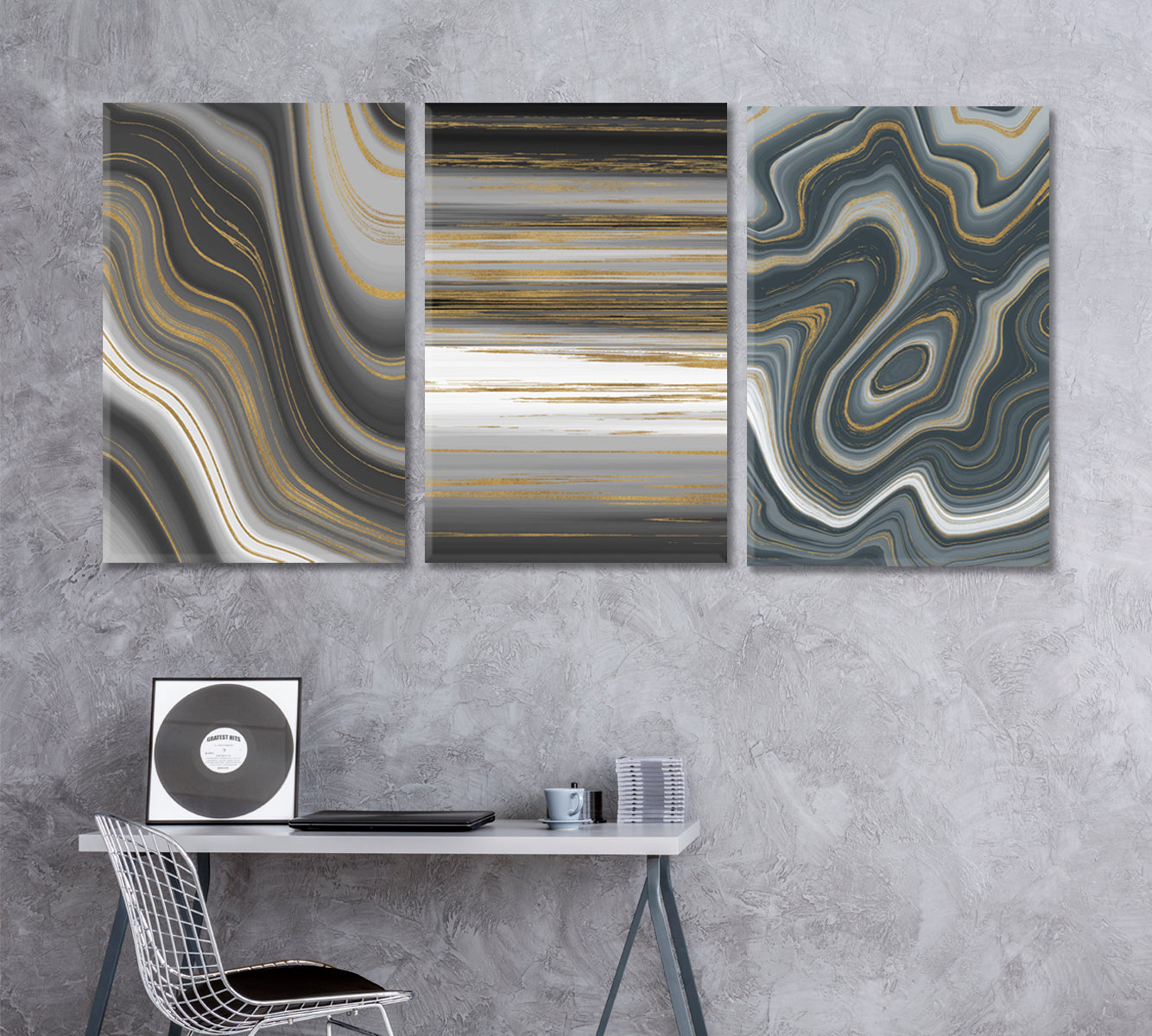 Set of 3 Modern Grey and Gold Marble Canvas Print ArtLexy   
