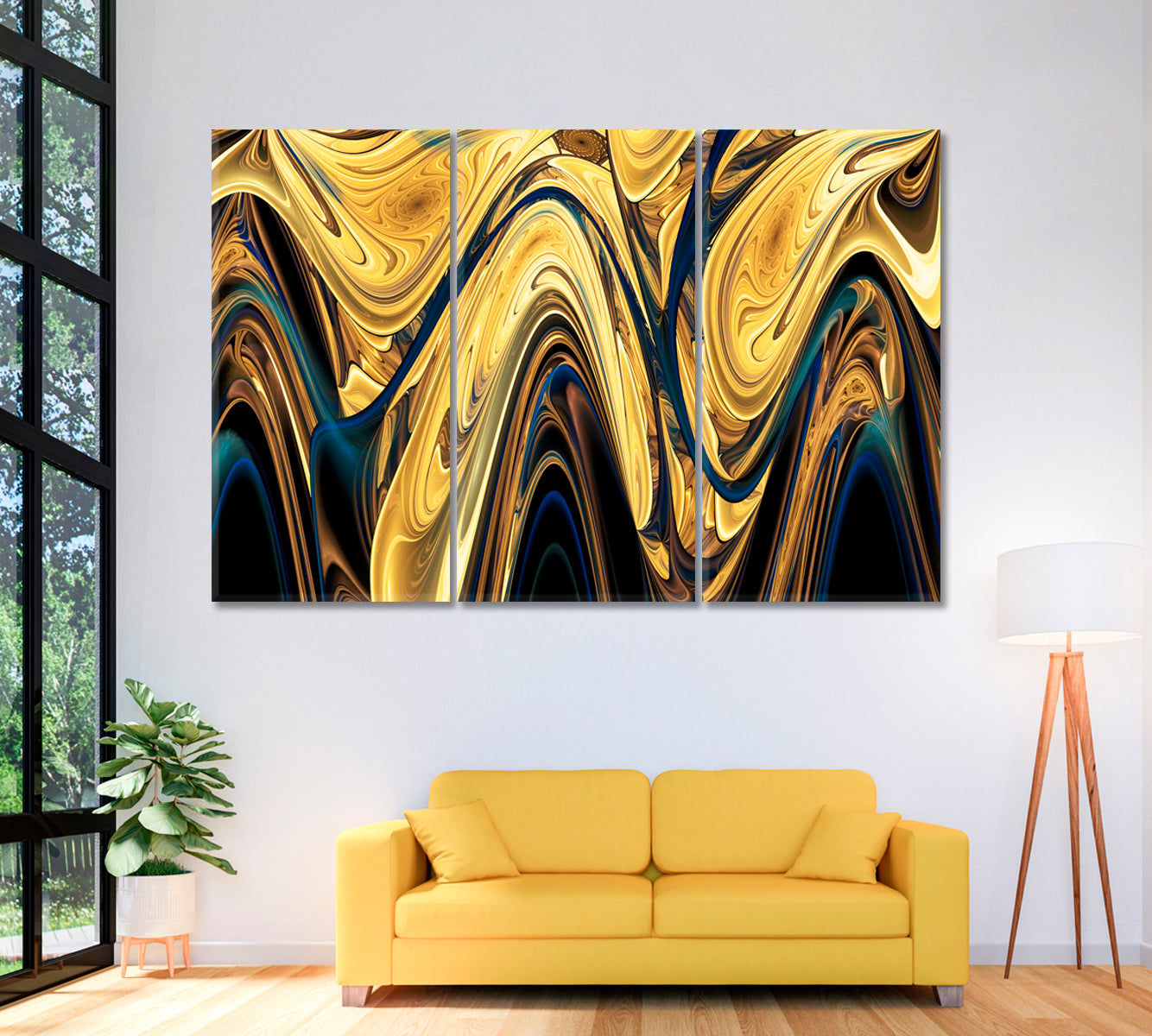 Abstract Swirl Gold Pattern Canvas Print ArtLexy 3 Panels 36"x24" inches 