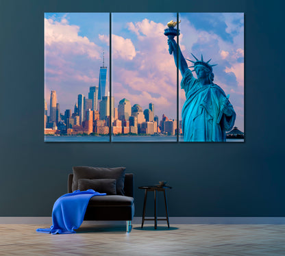 Manhattan Skyline with The Statue of Liberty Canvas Print ArtLexy 3 Panels 36"x24" inches 
