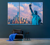 Manhattan Skyline with The Statue of Liberty Canvas Print ArtLexy 3 Panels 36"x24" inches 