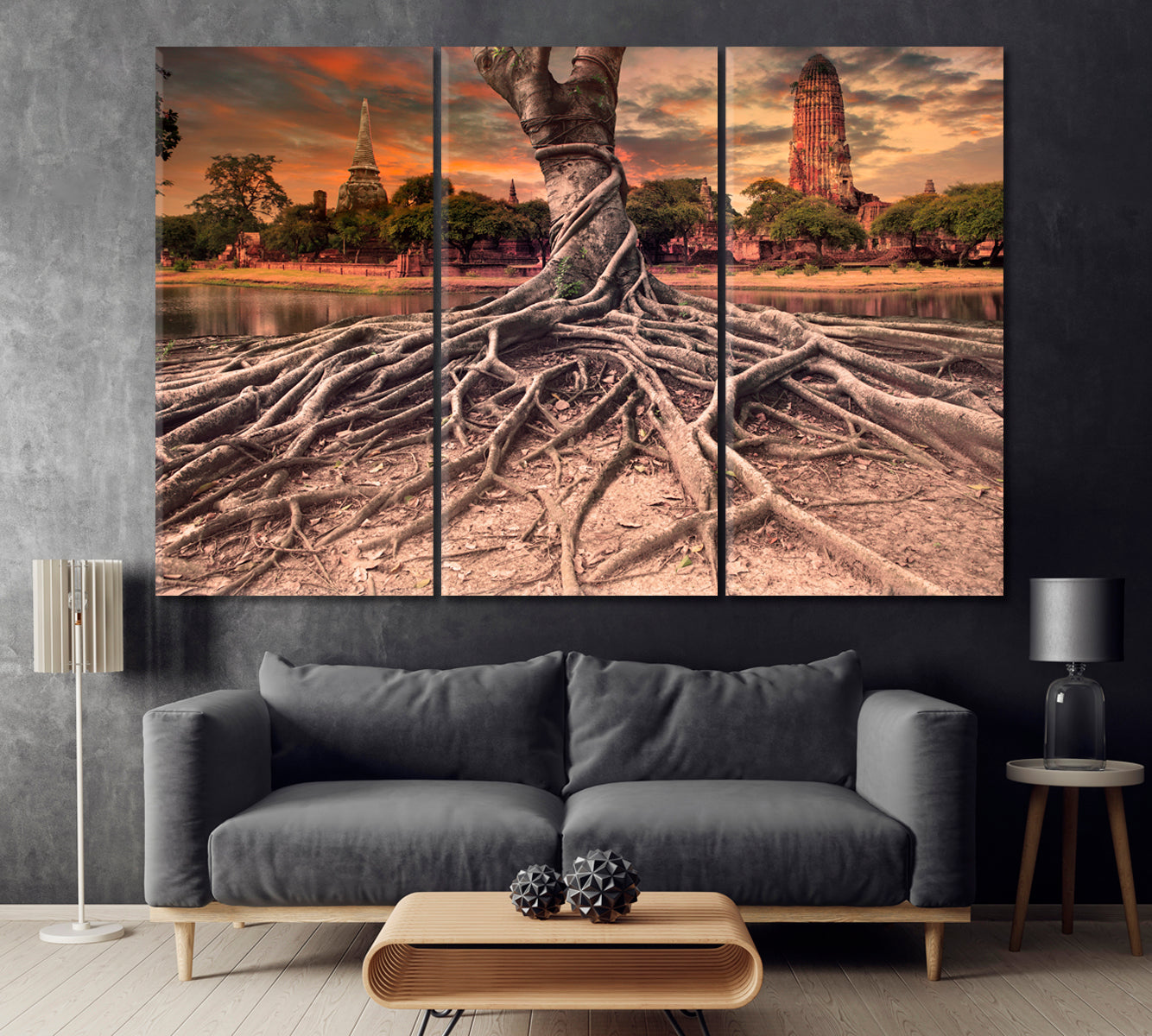 Root of Banyan Tree and Temple of Ayutthaya Canvas Print ArtLexy 3 Panels 36"x24" inches 