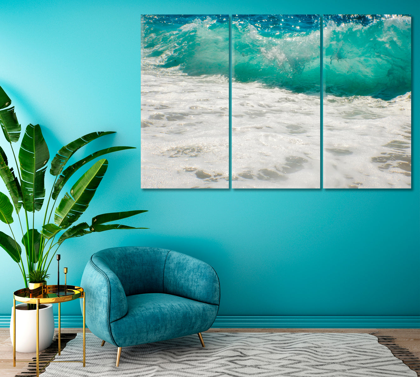 Blue Ocean Wave Canvas Print ArtLexy 3 Panels 36"x24" inches 