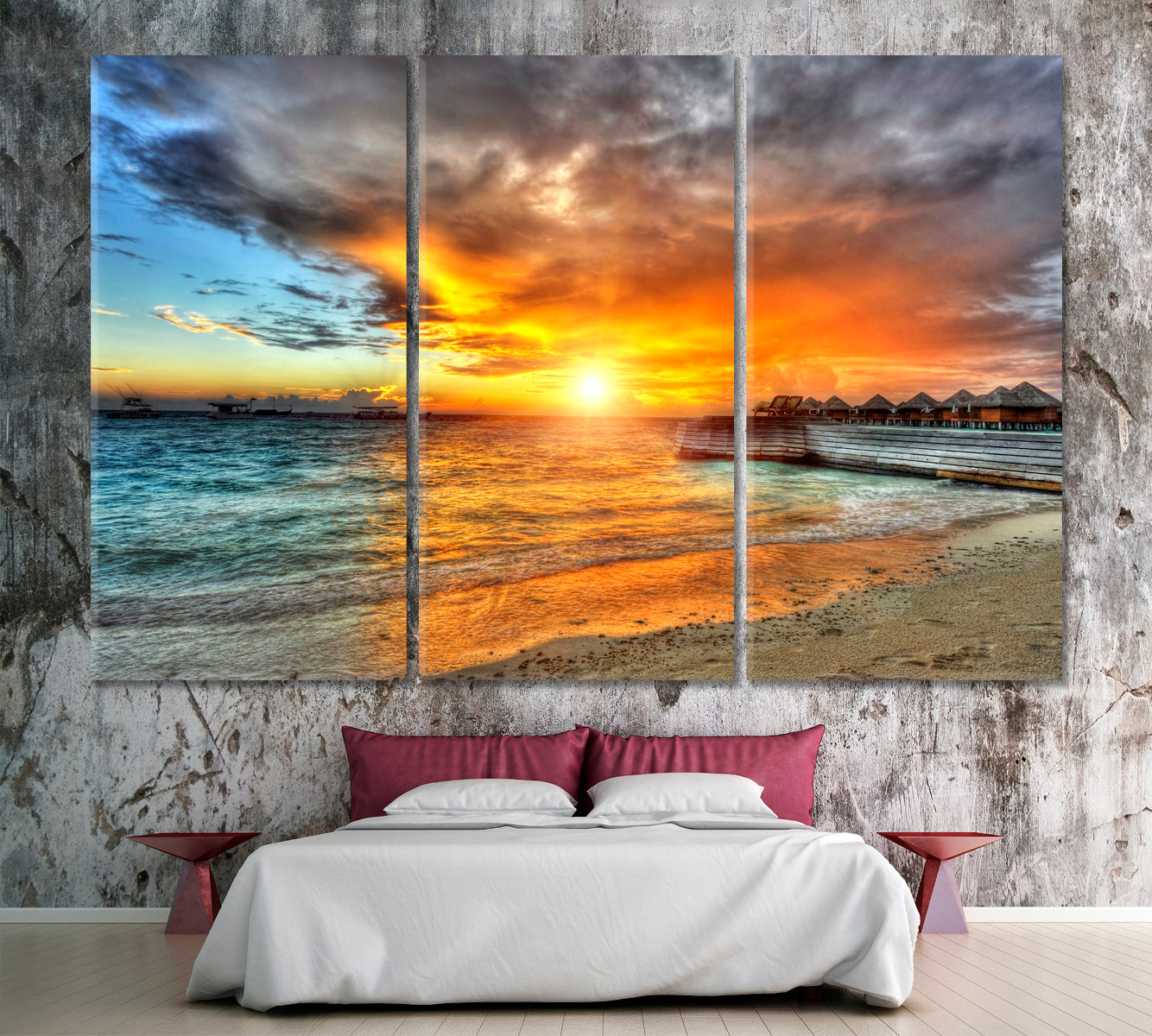 Beautiful Sunset over Indian Ocean Maldives Canvas Print ArtLexy 3 Panels 36"x24" inches 