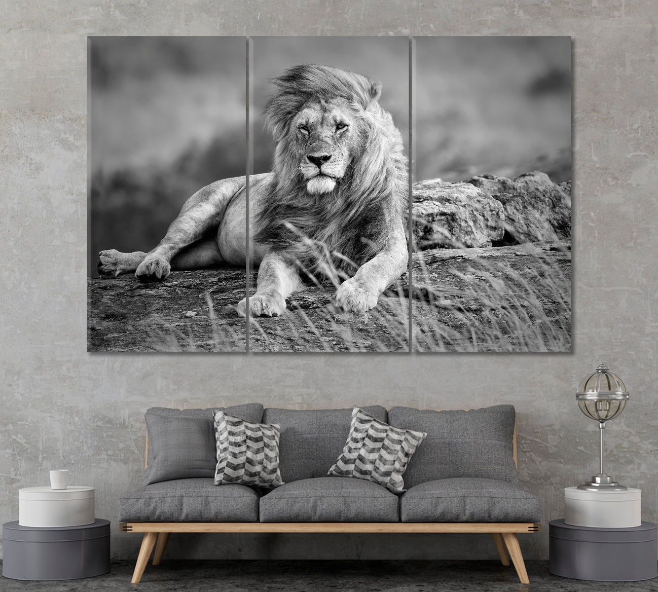 Mighty Lion in African Savanna Kenya Canvas Print ArtLexy 3 Panels 36"x24" inches 