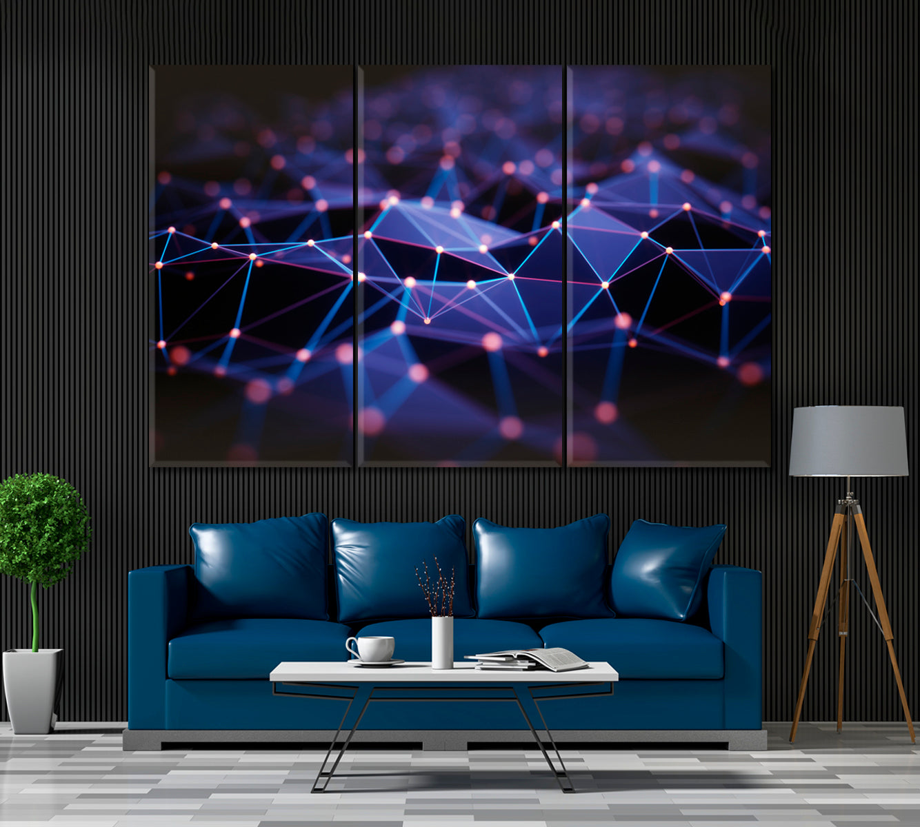 Abstract Network Connection Triangle Lines Canvas Print ArtLexy 3 Panels 36"x24" inches 