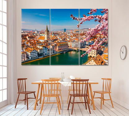 Zurich Downtown in Spring Switzerland Canvas Print ArtLexy 3 Panels 36"x24" inches 