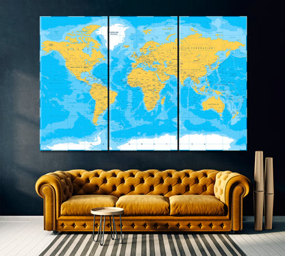 Political Physical Topographic World Map Canvas Print ArtLexy 3 Panels 36"x24" inches 