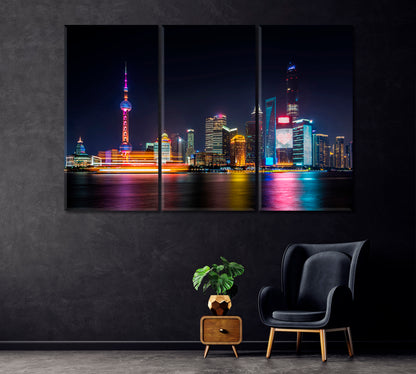 Shanghai Skyline with Huangpu River Canvas Print ArtLexy 3 Panels 36"x24" inches 