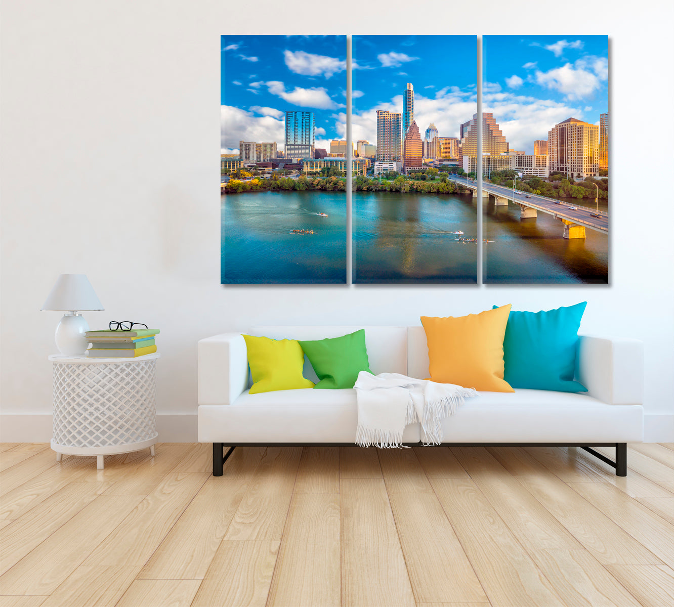 Austin Downtown Skyline Over Colorado RIver Canvas Print ArtLexy 3 Panels 36"x24" inches 